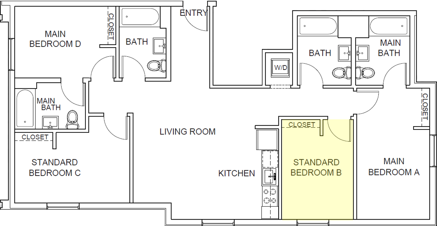 Floor plan for 4 beds, 4 baths, 290 sqft
